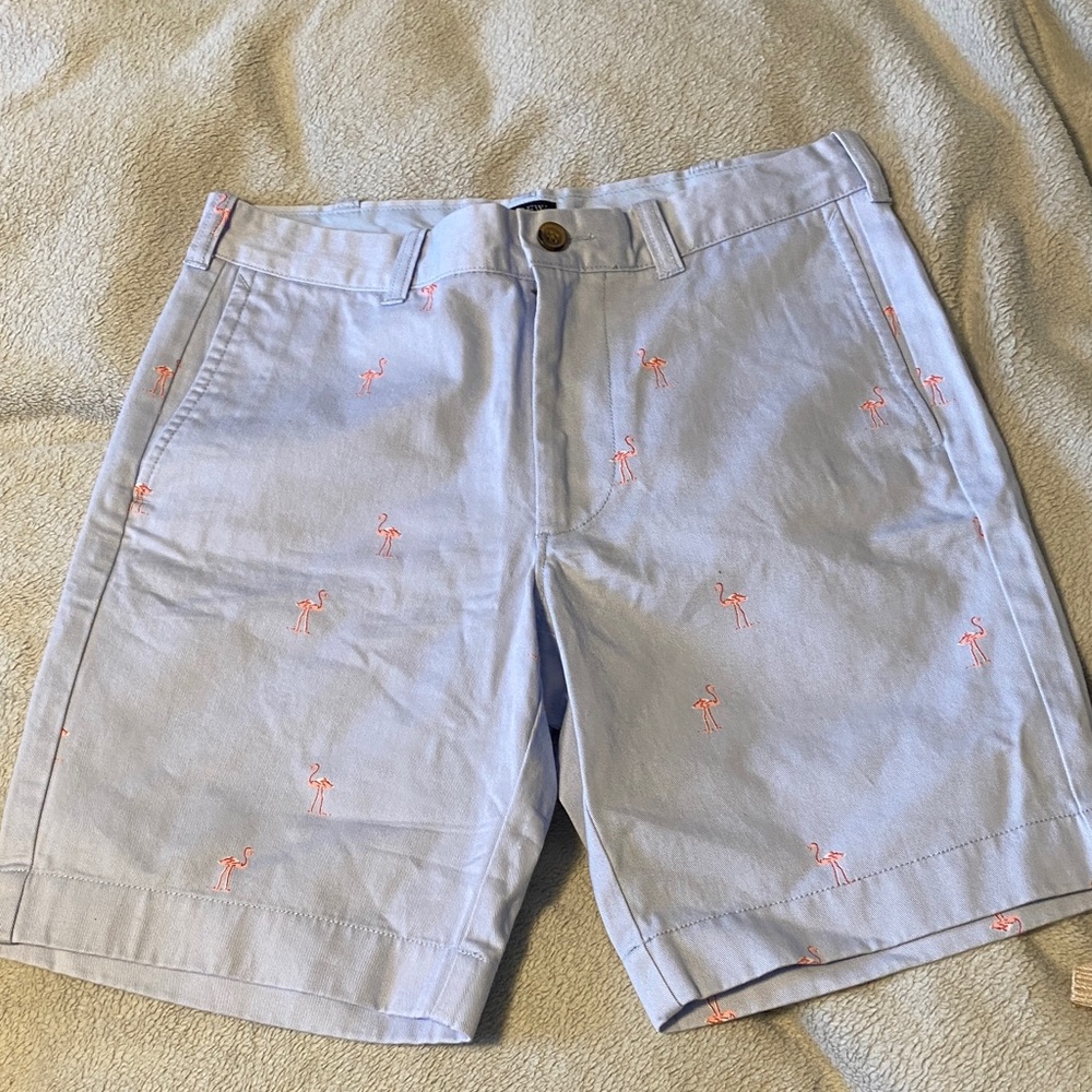 J. Crew Light Blue Shorts with Pink Flamingo Design